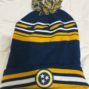 Navy and Gold Striped Beanie with Pom